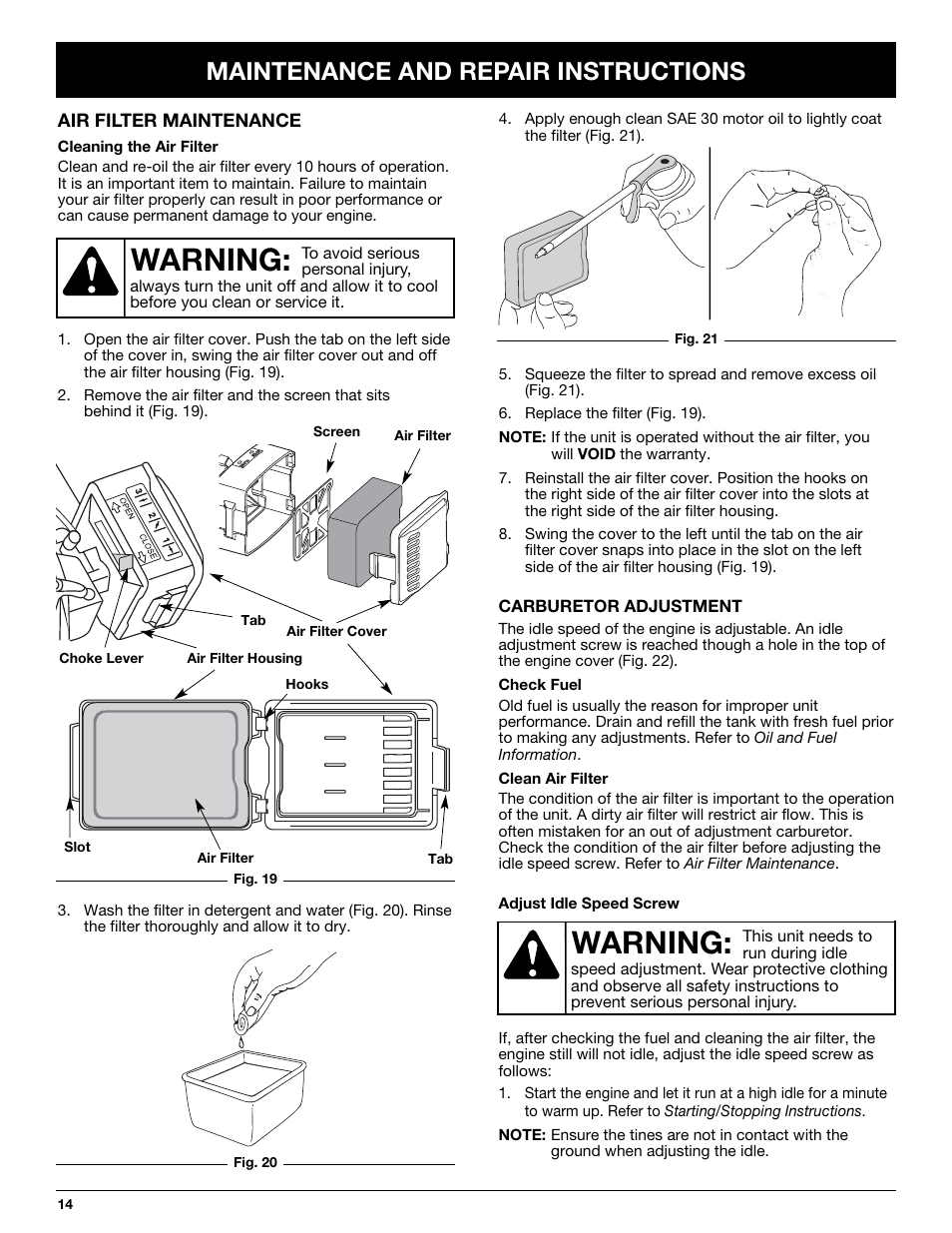 Warning, Maintenance and repair instructions | Craftsman 316.292711 User Manual | Page 14 / 48