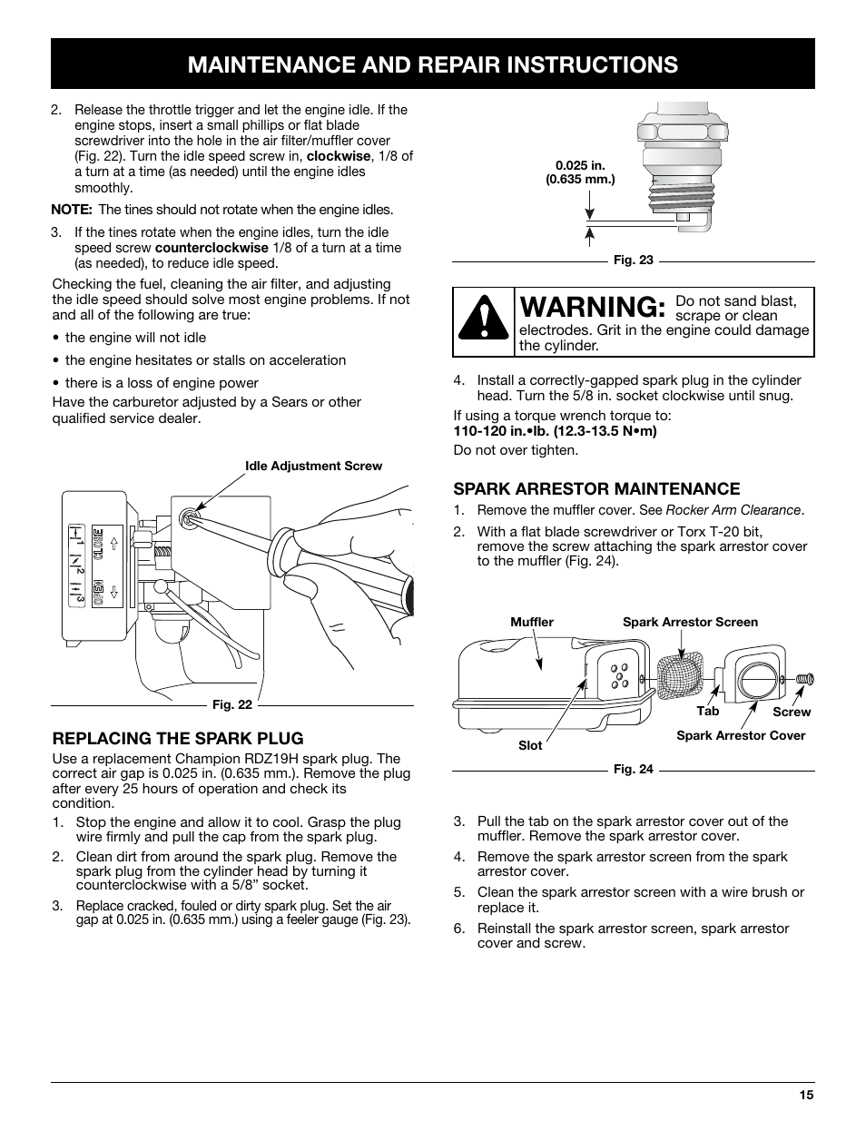 Warning, Maintenance and repair instructions | Craftsman 316.292711 User Manual | Page 15 / 48