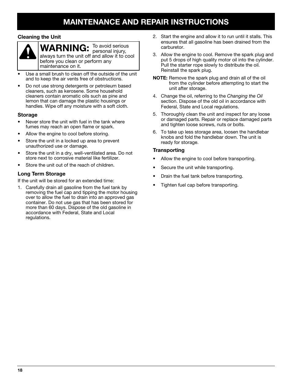 Warning, Maintenance and repair instructions | Craftsman 316.292711 User Manual | Page 18 / 48