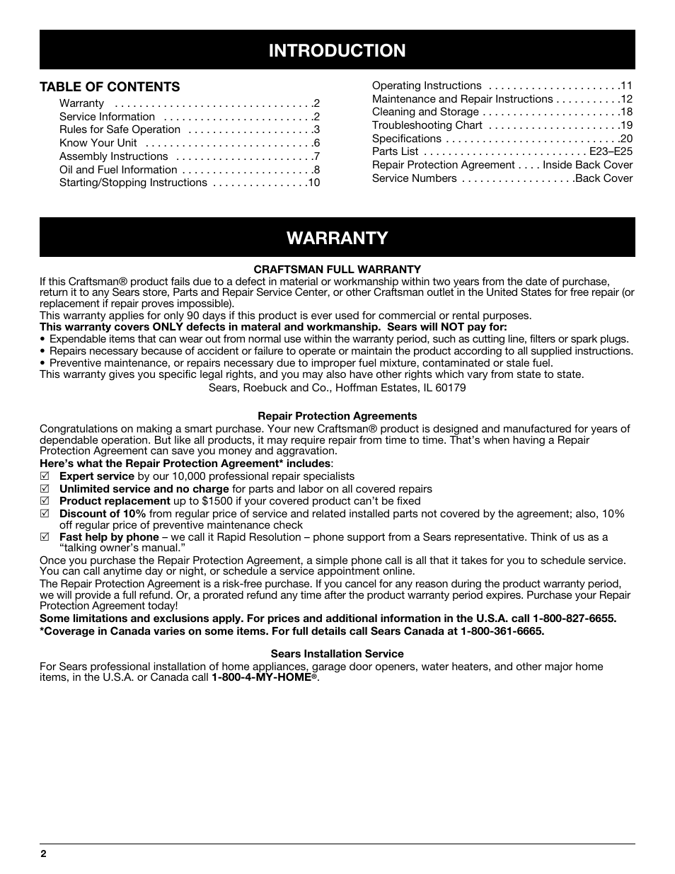 Introduction, Warranty | Craftsman 316.292711 User Manual | Page 2 / 48