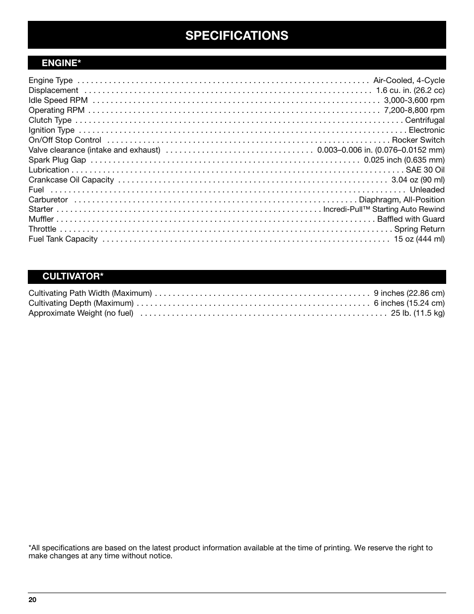 Specifications | Craftsman 316.292711 User Manual | Page 20 / 48