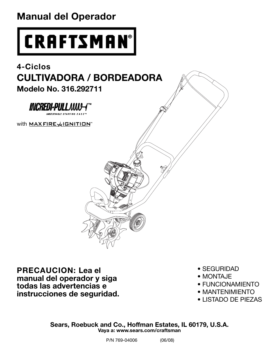 Manual del operador, Cultivadora / bordeadora | Craftsman 316.292711 User Manual | Page 23 / 48