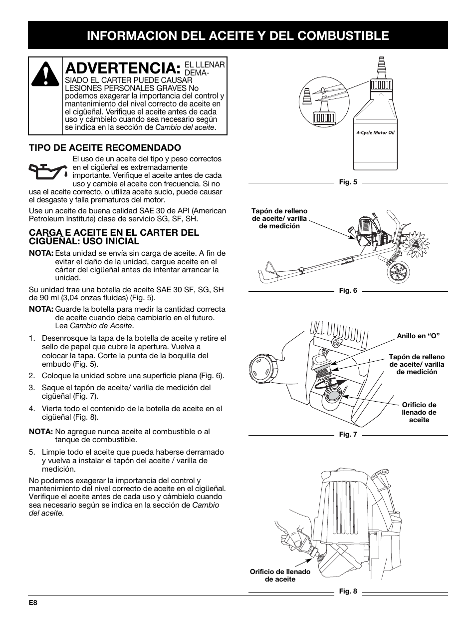 Advertencia, Informacion del aceite y del combustible | Craftsman 316.292711 User Manual | Page 30 / 48