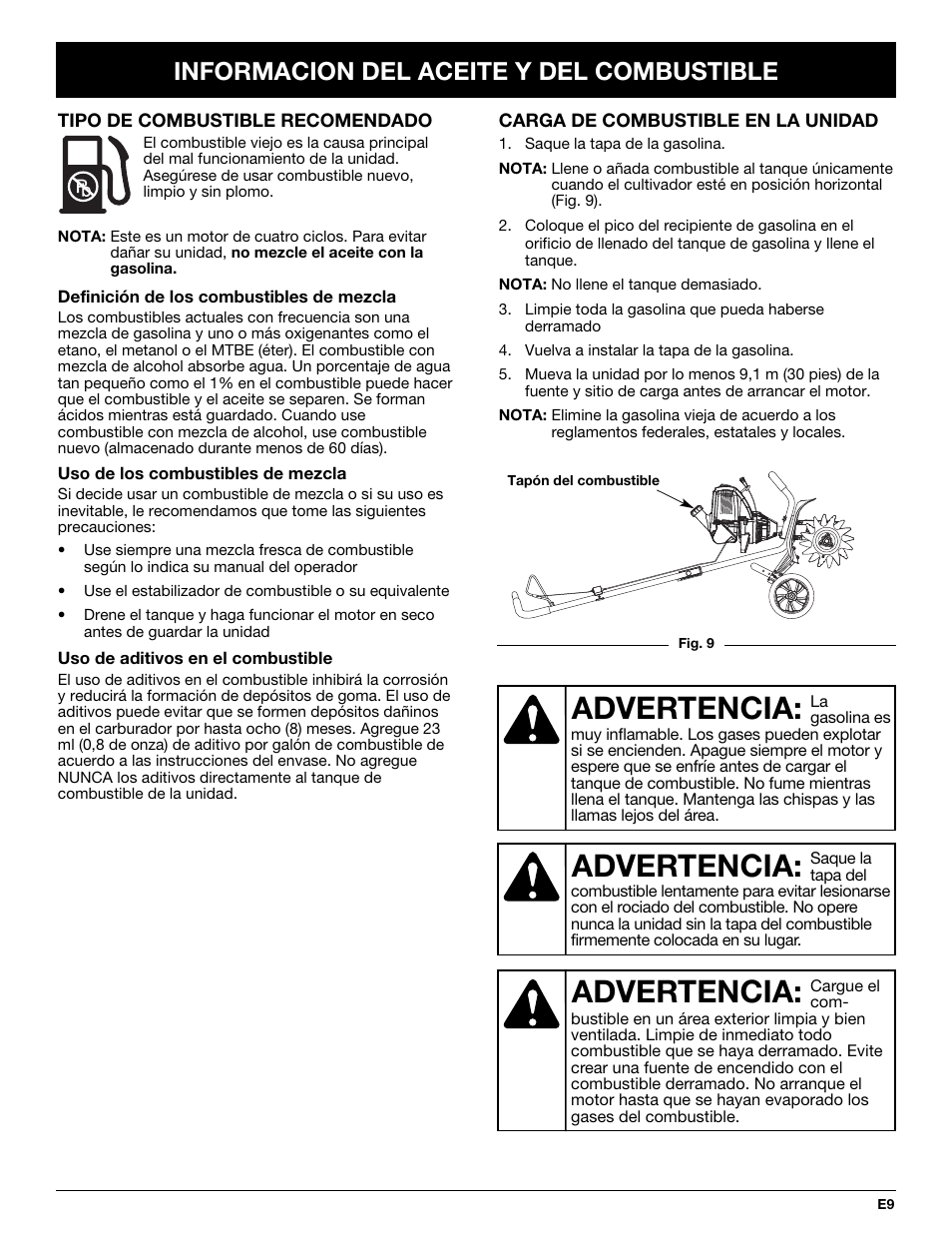 Advertencia, Informacion del aceite y del combustible | Craftsman 316.292711 User Manual | Page 31 / 48