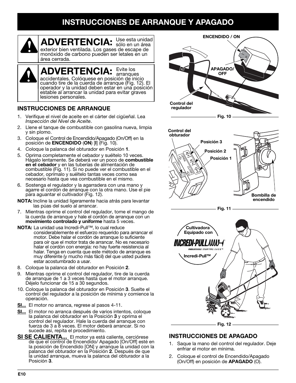 Advertencia, Instrucciones de arranque y apagado | Craftsman 316.292711 User Manual | Page 32 / 48