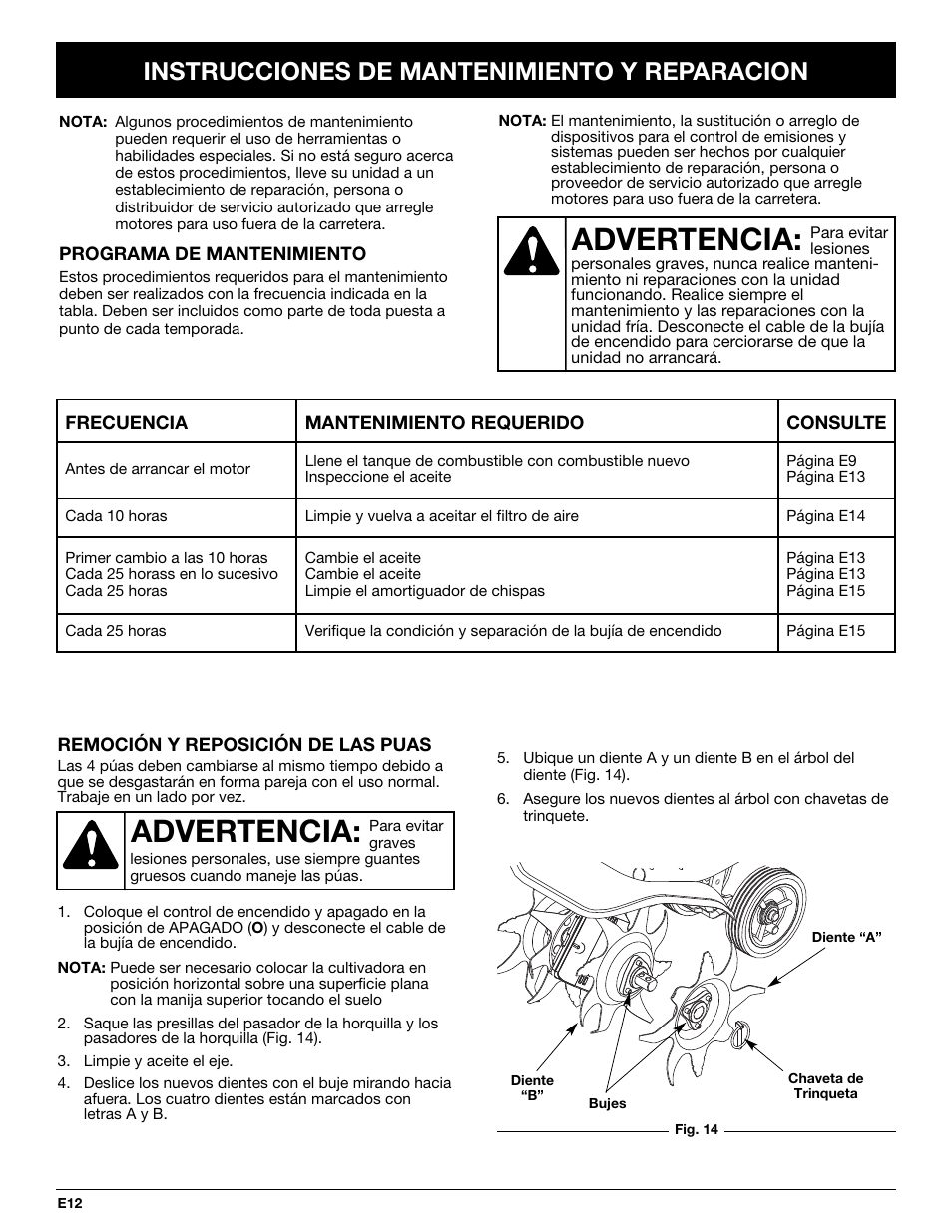 Advertencia, Instrucciones de mantenimiento y reparacion | Craftsman 316.292711 User Manual | Page 34 / 48