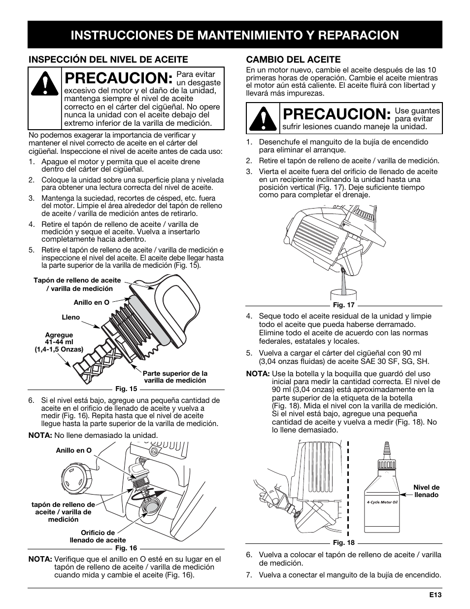 Precaucion, Instrucciones de mantenimiento y reparacion | Craftsman 316.292711 User Manual | Page 35 / 48