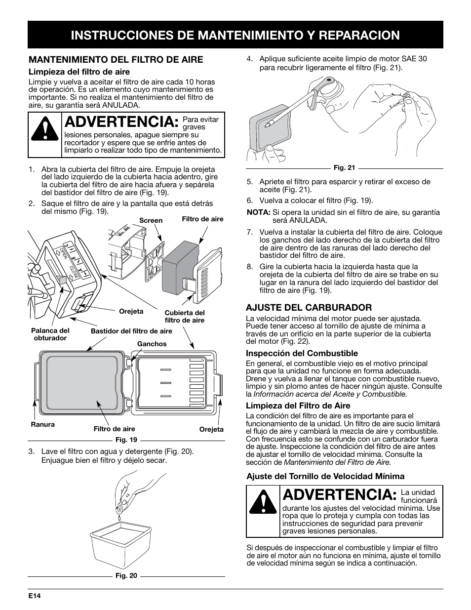Advertencia, Instrucciones de mantenimiento y reparacion | Craftsman 316.292711 User Manual | Page 36 / 48