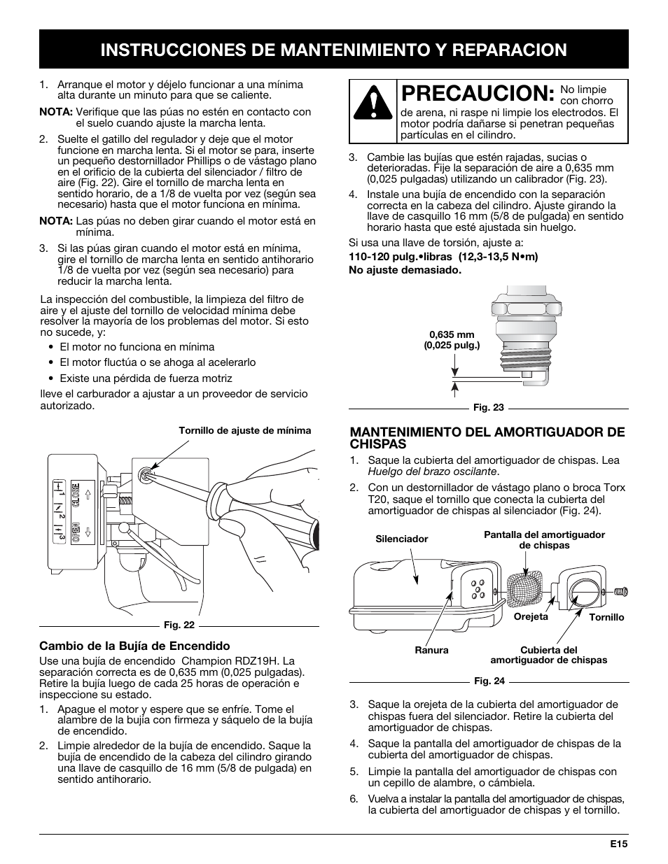 Precaucion, Instrucciones de mantenimiento y reparacion | Craftsman 316.292711 User Manual | Page 37 / 48