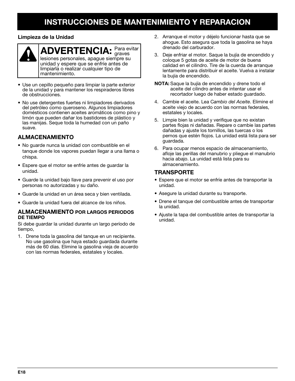 Advertencia, Instrucciones de mantenimiento y reparacion | Craftsman 316.292711 User Manual | Page 40 / 48