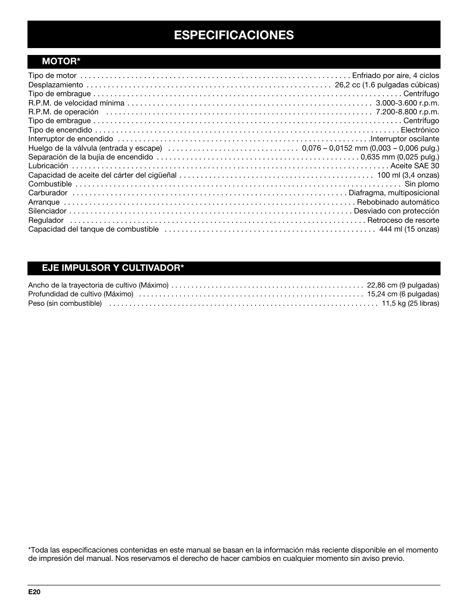 Especificaciones | Craftsman 316.292711 User Manual | Page 42 / 48