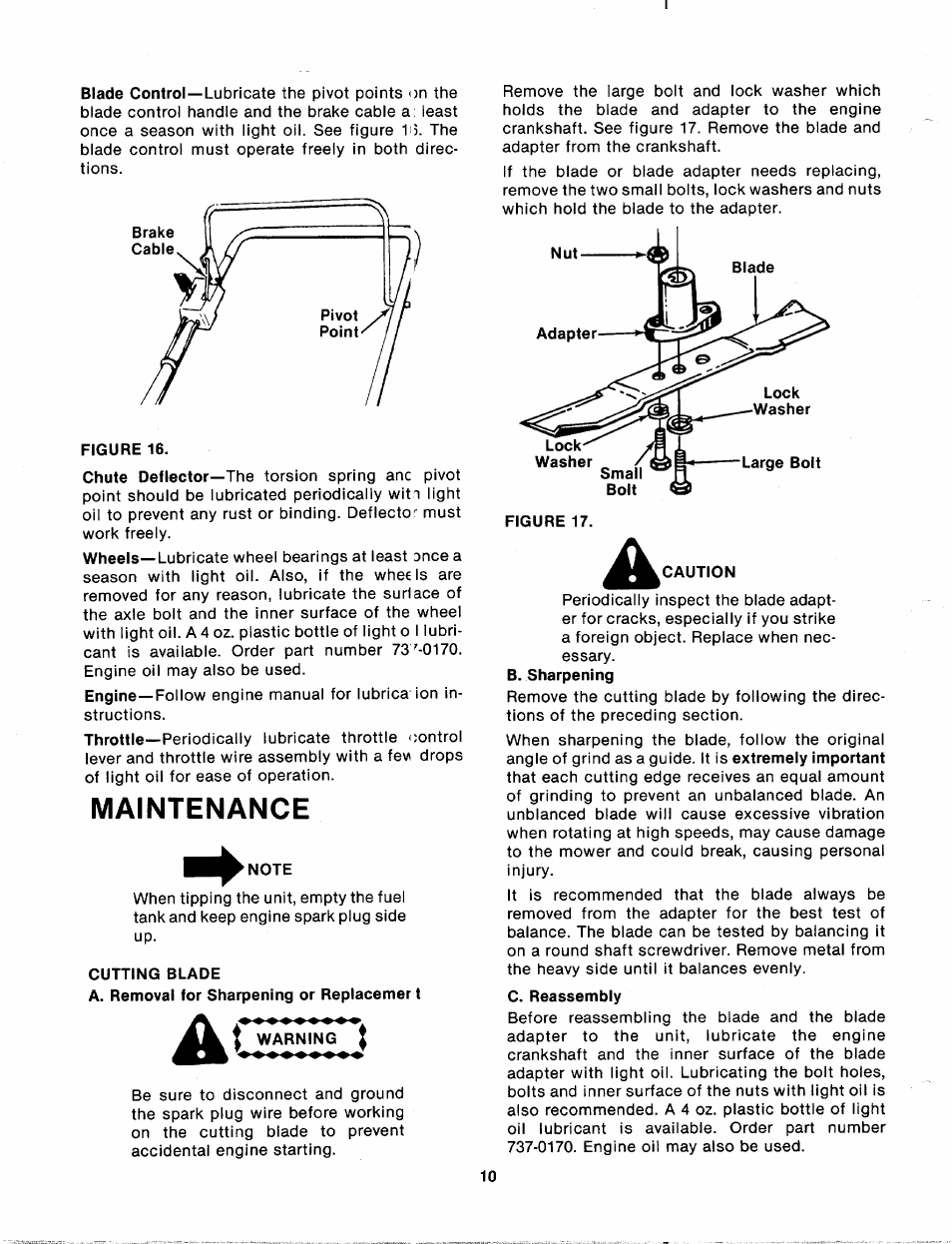 Figure 16, Maintenance, Note | Cutting blade, Caution | Bolens 115-500-000 User Manual | Page 10 / 16