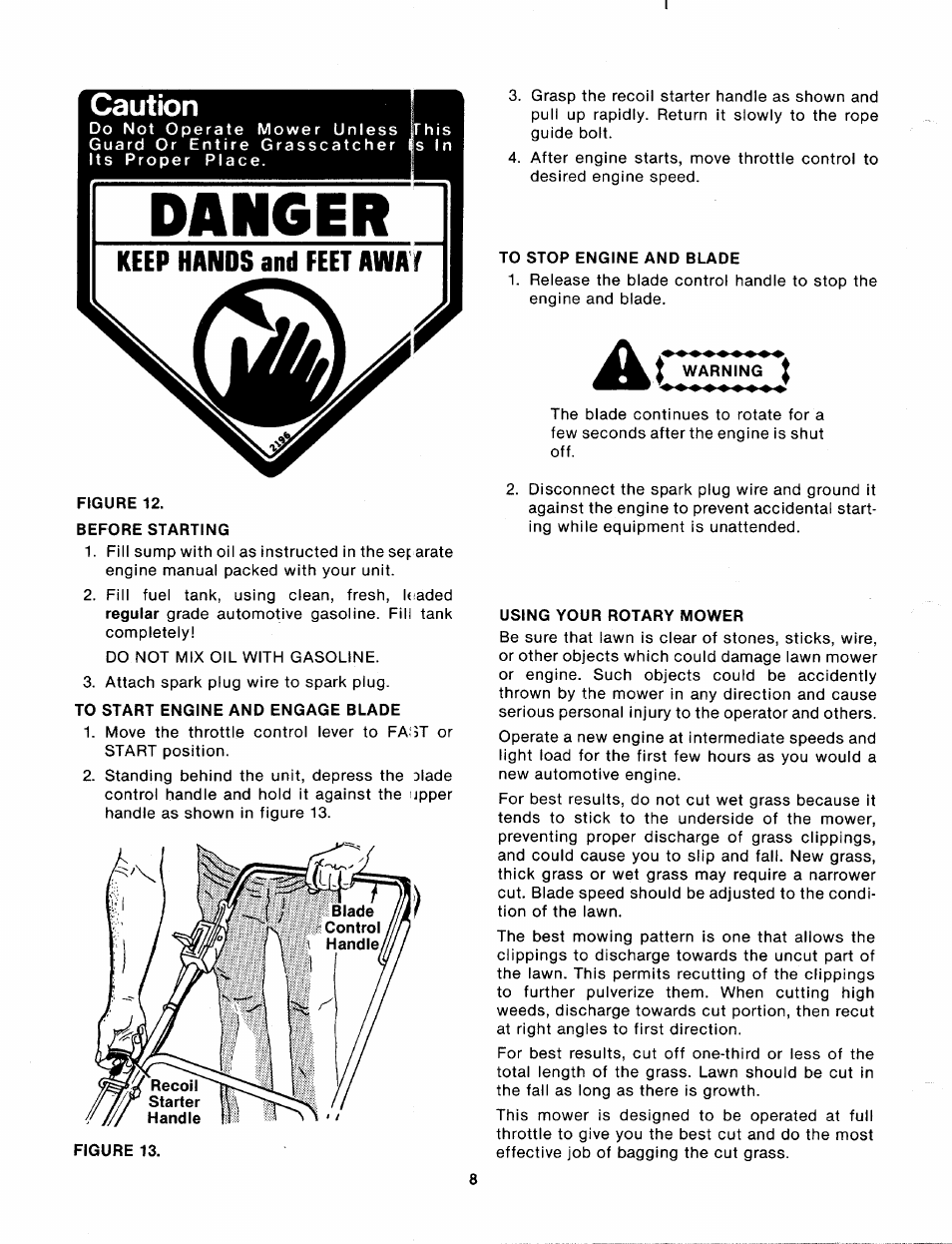 Keep hands and feet awaf, Caution | Bolens 115-500-000 User Manual | Page 8 / 16