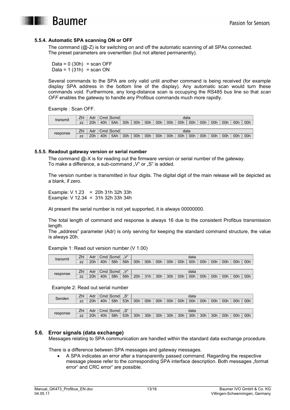 Error signals (data exchange), Example 2: read out serial number | Baumer GK473 User Manual | Page 13 / 16