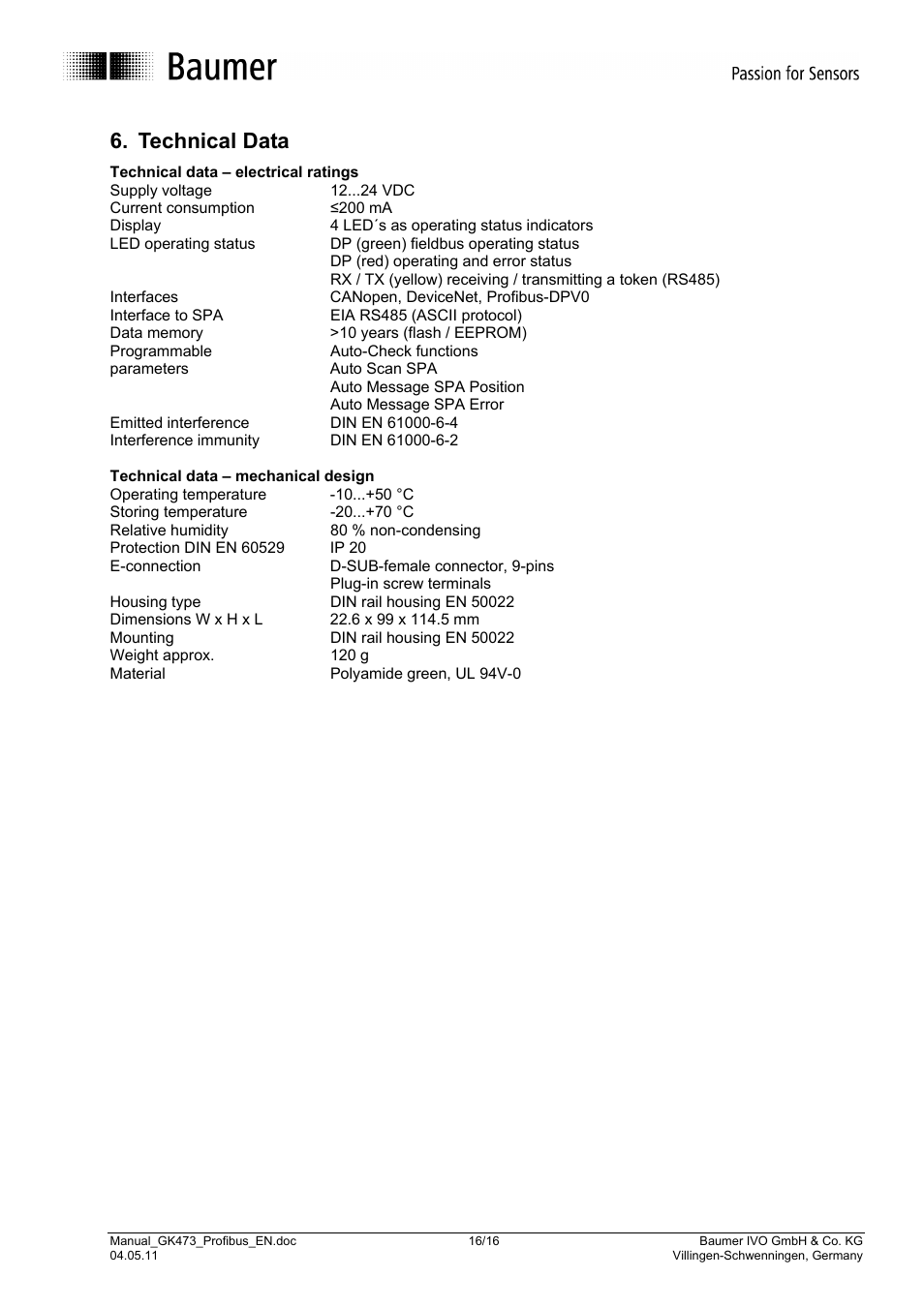 Technical data | Baumer GK473 User Manual | Page 16 / 16