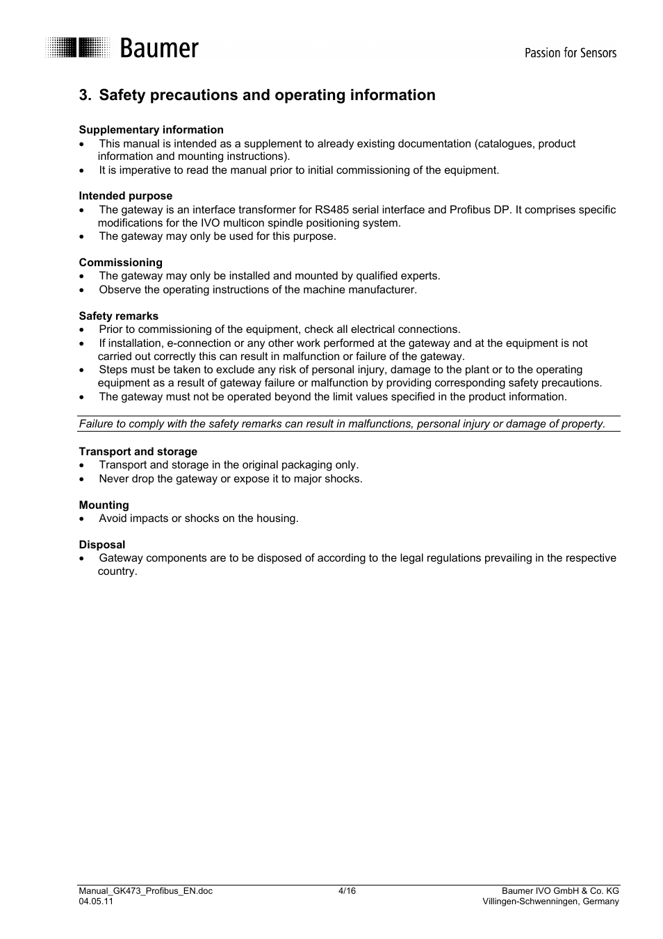 Safety precautions and operating information | Baumer GK473 User Manual | Page 4 / 16