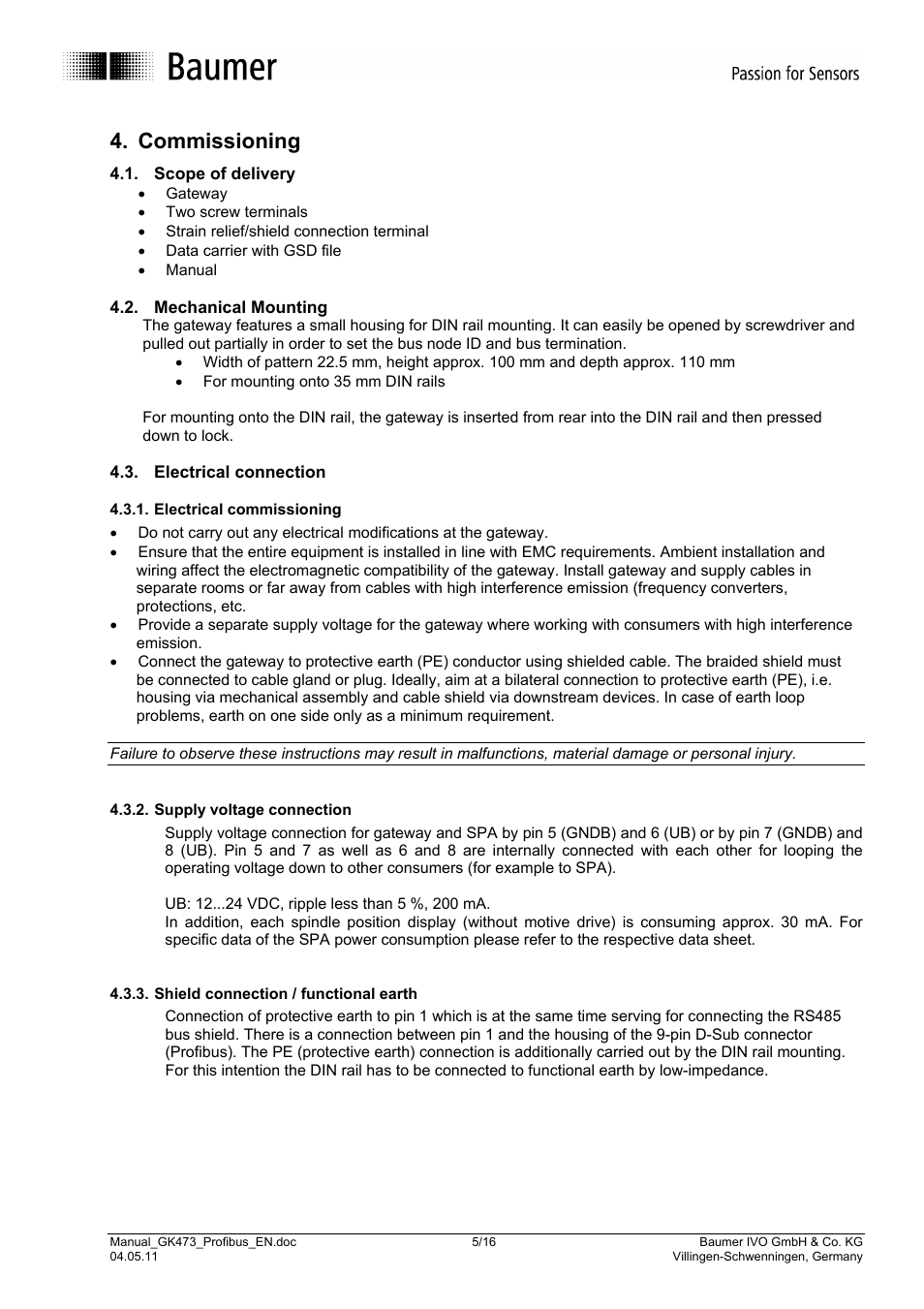 Commissioning | Baumer GK473 User Manual | Page 5 / 16