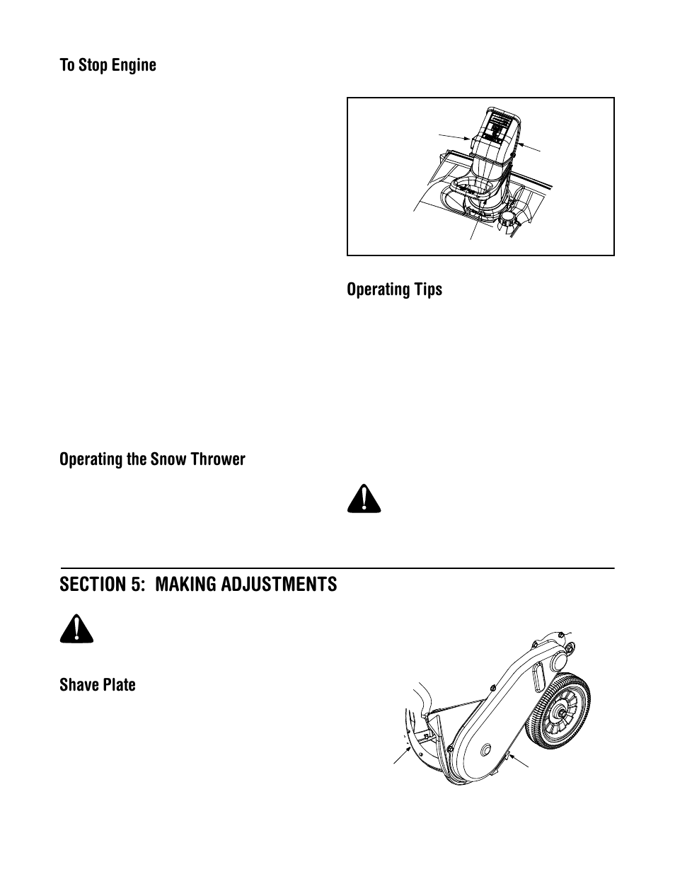 Operating the snow thrower, Operating tips, Shave plate | Troy-Bilt Models 521 User Manual | Page 8 / 16