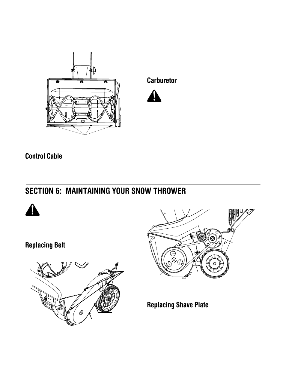 Control cable, Carburetor, Replacing belt | Replacing shave plate | Troy-Bilt Models 521 User Manual | Page 9 / 16