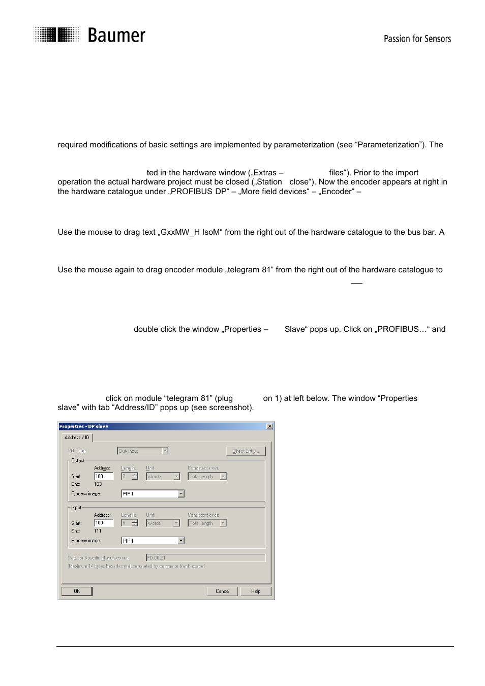 Projecting, Importing the gsd file, Encoder bus implementation | Assigning the user address, Assigning addresses for input and output data | Baumer GE-GB-GXxxx User Manual | Page 11 / 41