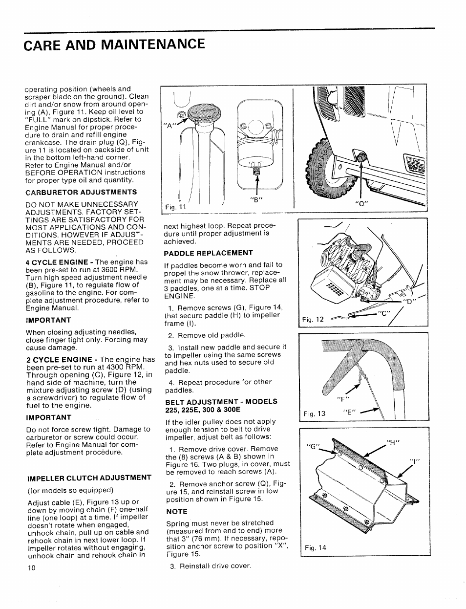 Care and maintenance, Carburetor adjustments, Important | Impeller clutch adjustment, Paddle replacement, Note | Bolens 520 User Manual | Page 10 / 12