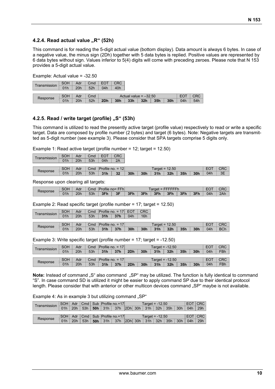 Read actual value „r“ (52h), Read / write target (profile) „s“ (53h), N 153 | Response upon clearing all targets | Baumer N 153 User Manual | Page 10 / 28