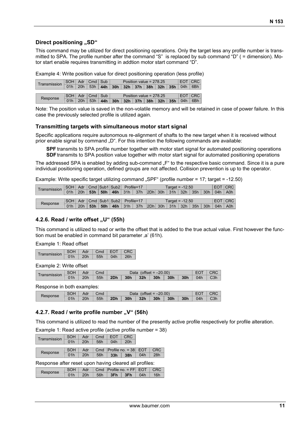 Direct positioning „sd, Read / write offset „u“ (55h), Read / write profile number „v“ (56h) | N 153, Example 1: read offset, Example 2: write offset, Response in both examples | Baumer N 153 User Manual | Page 11 / 28