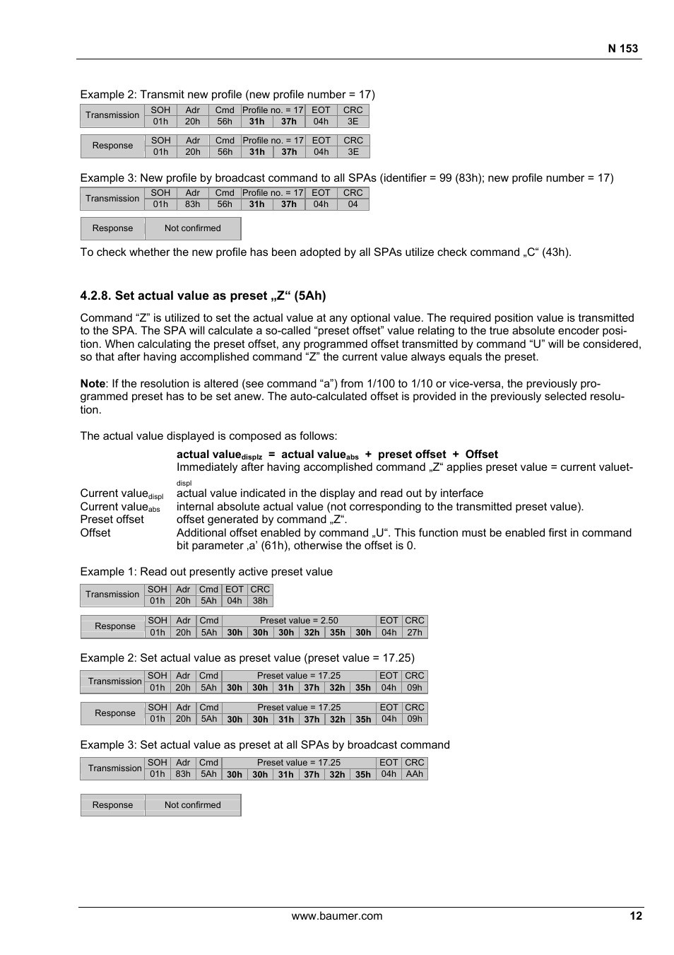 Set actual value as preset „z“ (5ah), N 153, Actual value | Current value | Baumer N 153 User Manual | Page 12 / 28