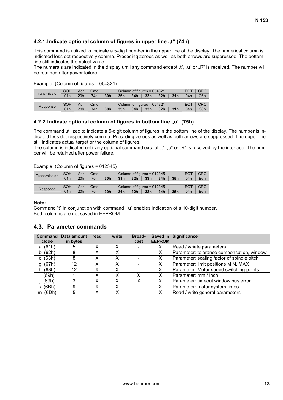 Parameter commands | Baumer N 153 User Manual | Page 13 / 28