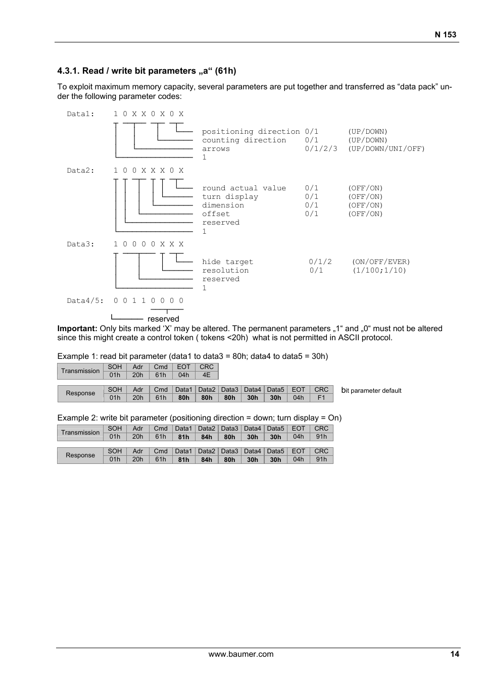 Read / write bit parameters „a“ (61h) | Baumer N 153 User Manual | Page 14 / 28