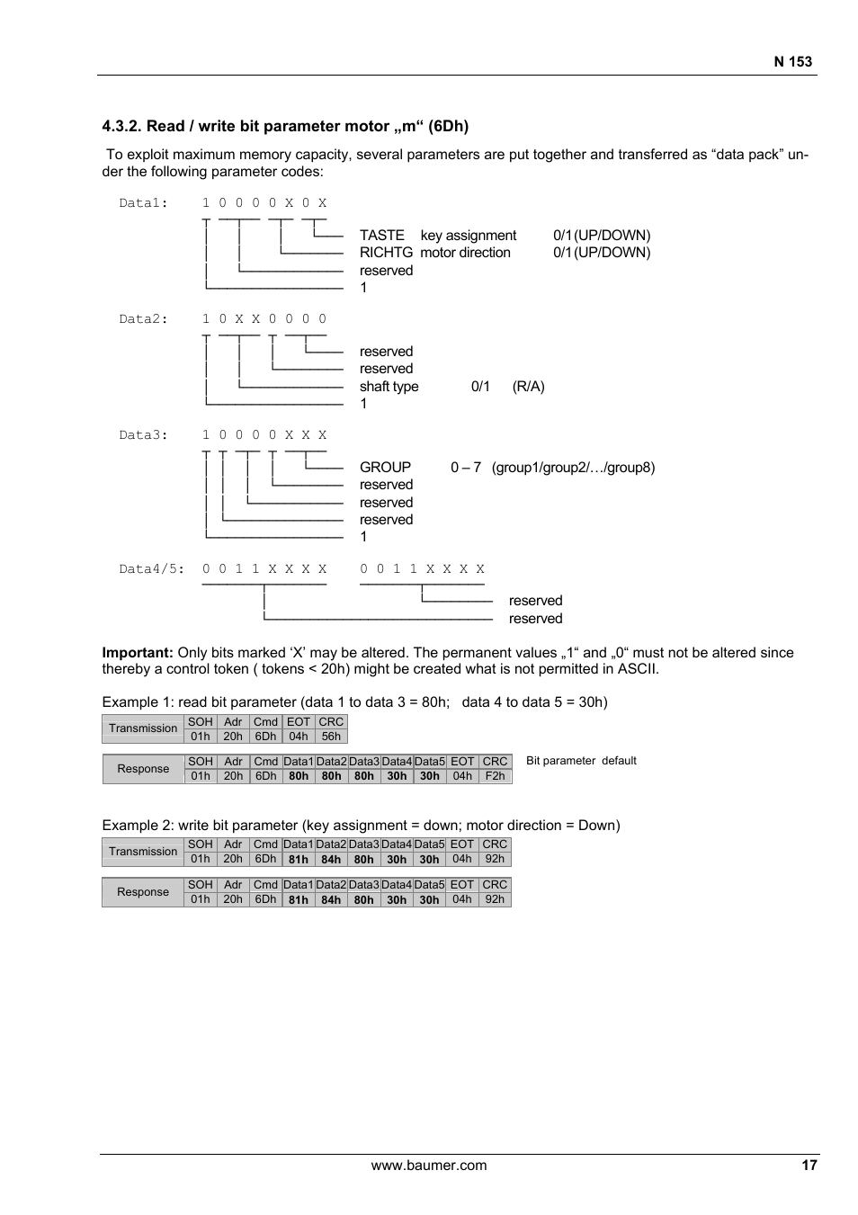 Read / write bit parameter motor „m“ (6dh) | Baumer N 153 User Manual | Page 17 / 28