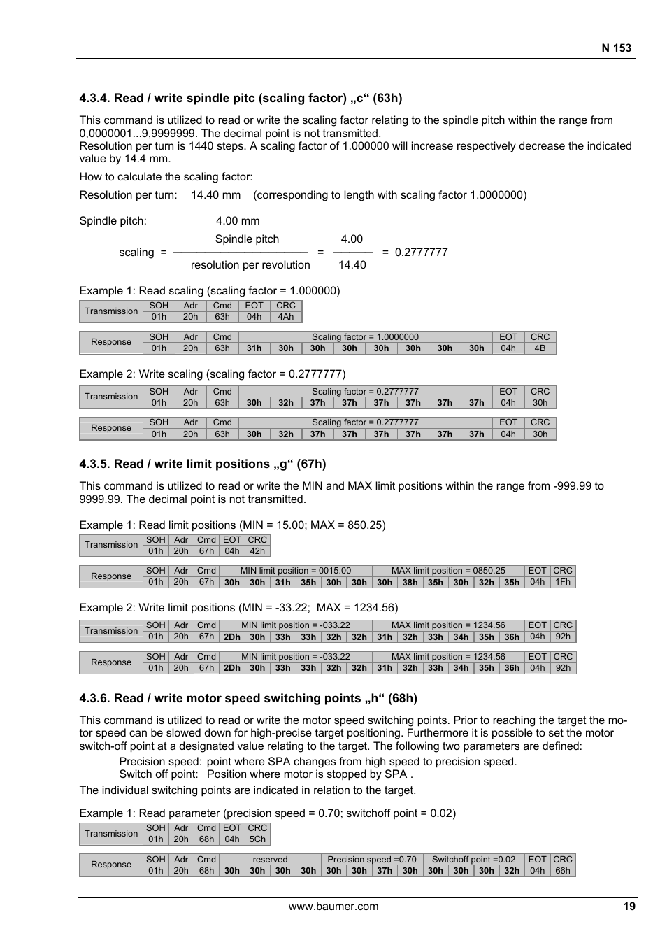 Read / write limit positions „g“ (67h), N 153, How to calculate the scaling factor | Baumer N 153 User Manual | Page 19 / 28