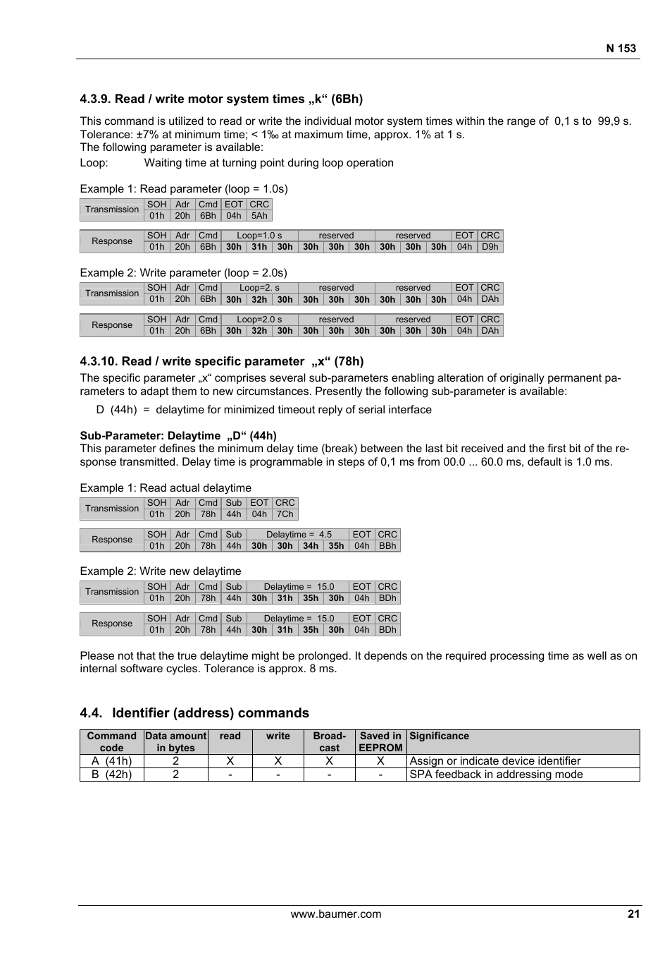 Identifier (address) commands, Read / write motor system times „k“ (6bh), Read / write specific parameter „x“ (78h) | Baumer N 153 User Manual | Page 21 / 28