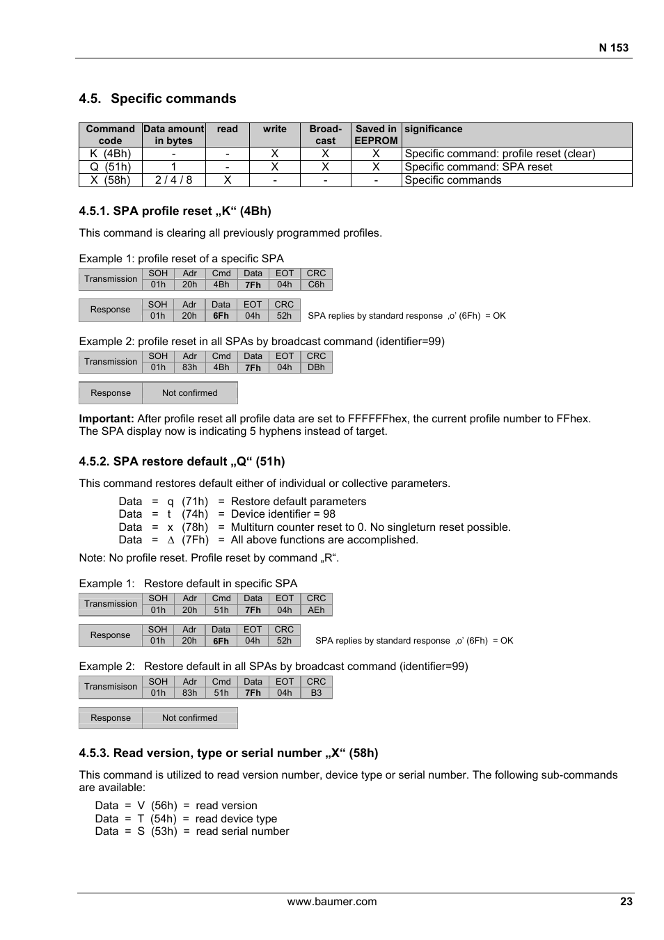 Specific commands, Spa profile reset „k“ (4bh), Spa restore default „q“ (51h) | Read version, type or serial number „x“ (58h) | Baumer N 153 User Manual | Page 23 / 28