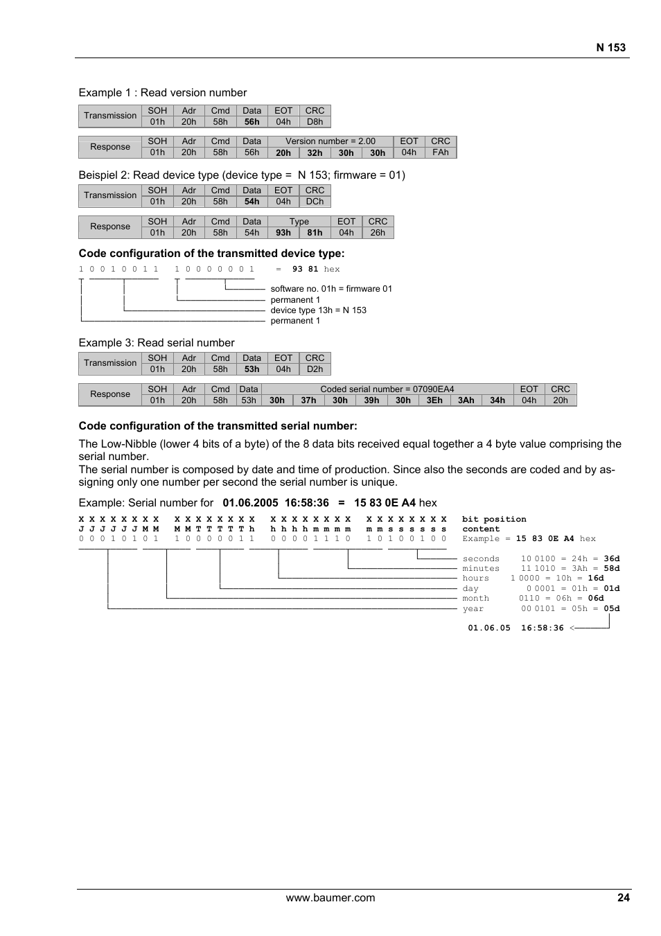N 153, Code configuration of the transmitted device type, Example 3: read serial number | Baumer N 153 User Manual | Page 24 / 28