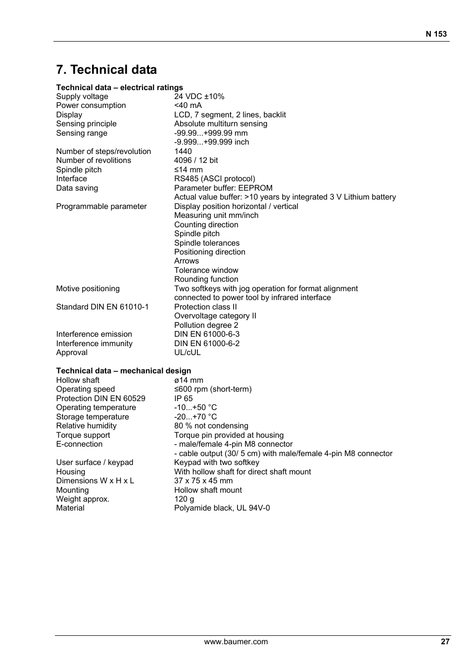Technical data | Baumer N 153 User Manual | Page 27 / 28
