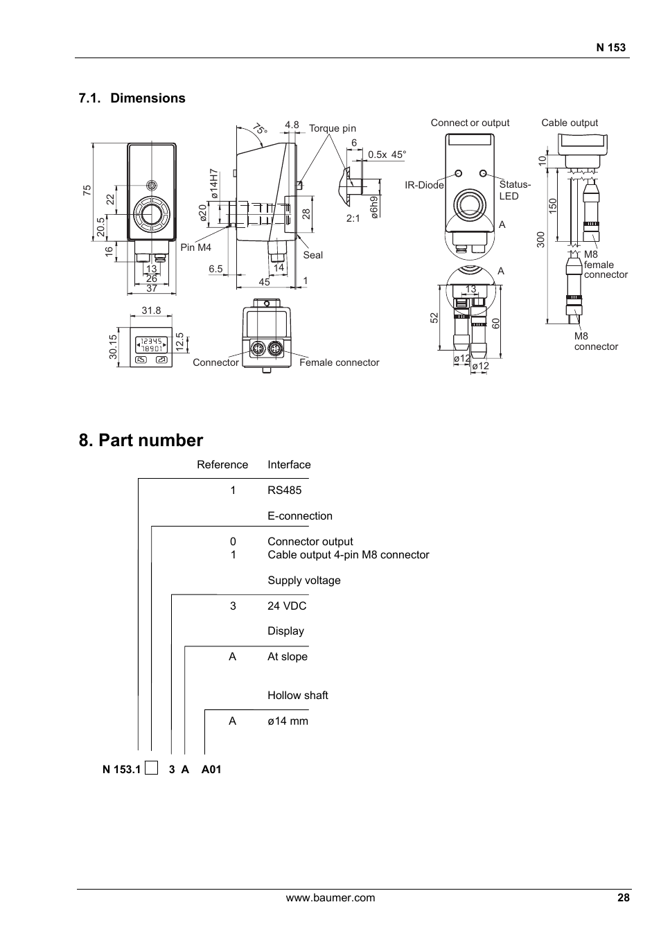 Part number, Dimensions | Baumer N 153 User Manual | Page 28 / 28