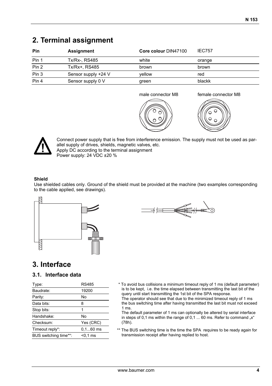 Terminal assignment, Interface, Interface data | Baumer N 153 User Manual | Page 4 / 28