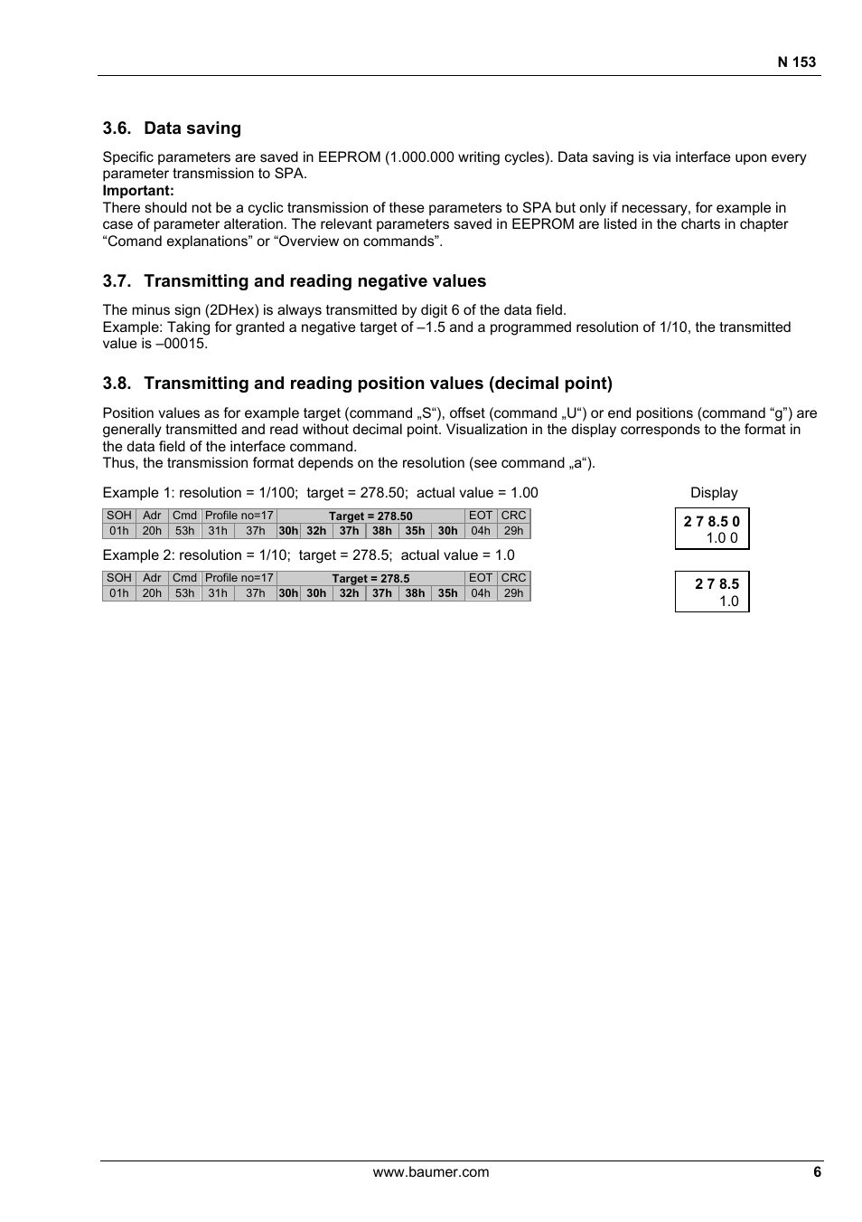 Data saving, Transmitting and reading negative values | Baumer N 153 User Manual | Page 6 / 28