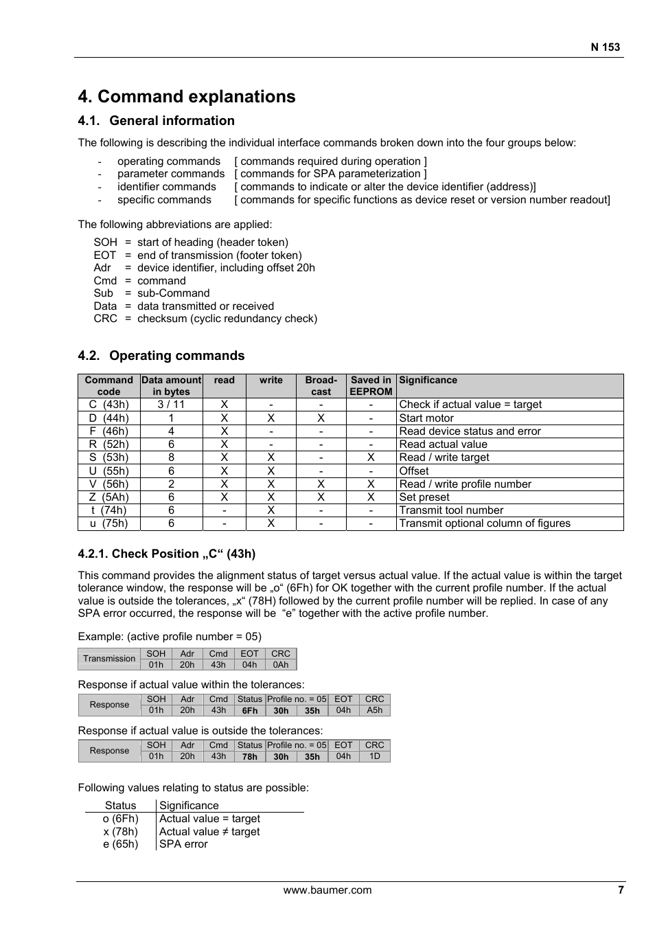 Command explanations, General information, Operating commands | Baumer N 153 User Manual | Page 7 / 28