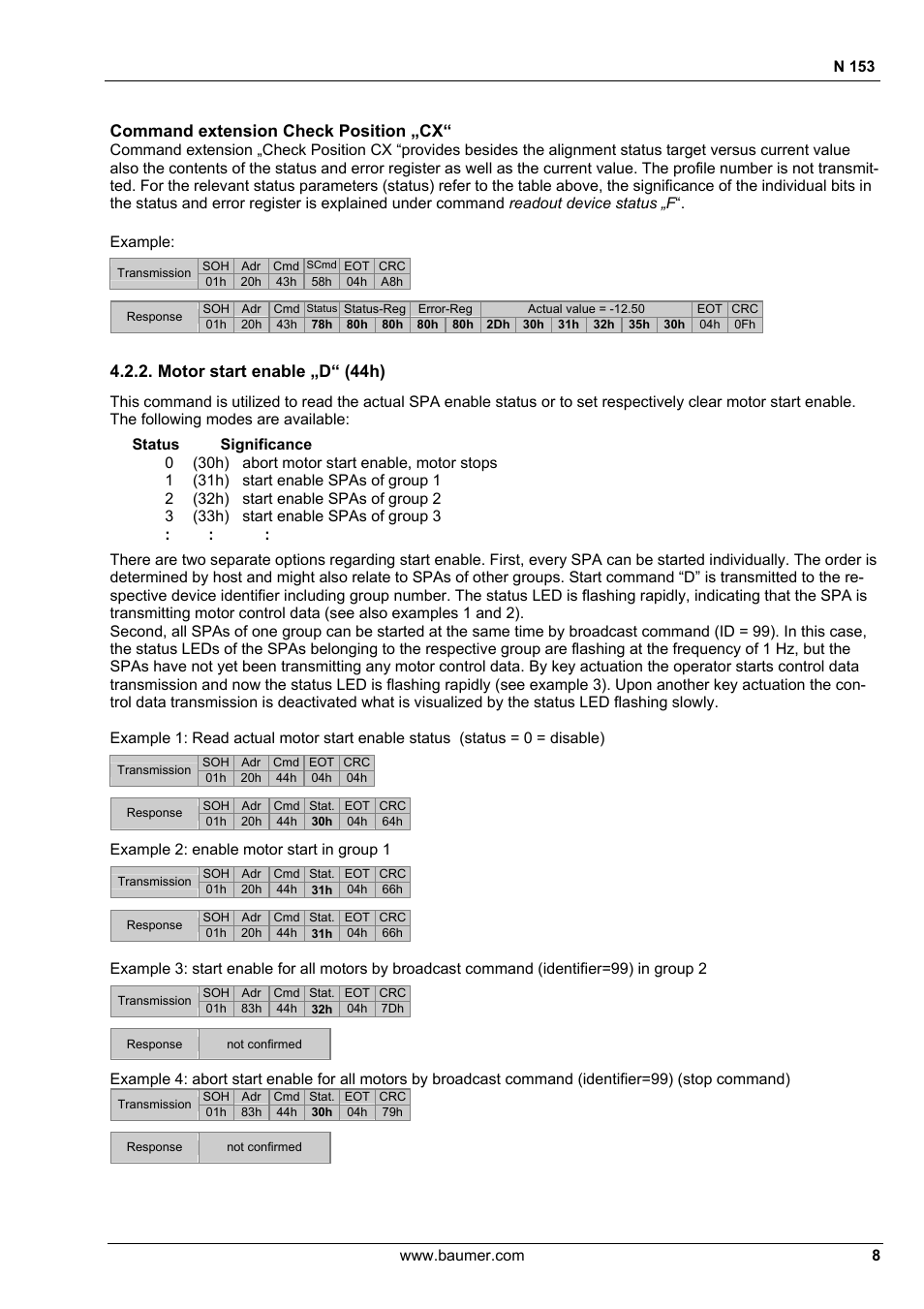 Command extension check position „cx, Motor start enable „d“ (44h), N 153 | Example, Example 2: enable motor start in group 1 | Baumer N 153 User Manual | Page 8 / 28