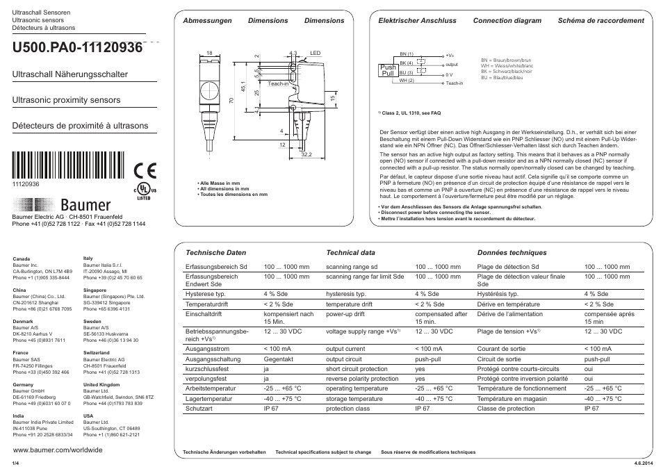 Baumer U500.PA0-GP1B.72CU User Manual | 4 pages