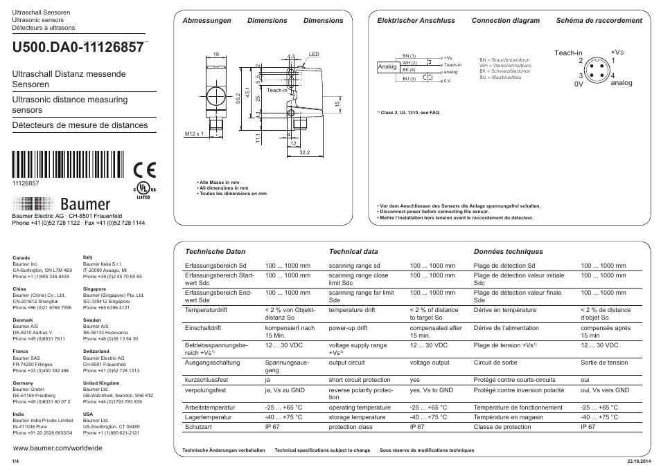 Baumer U500.DA0-UA1B.72O User Manual | 4 pages