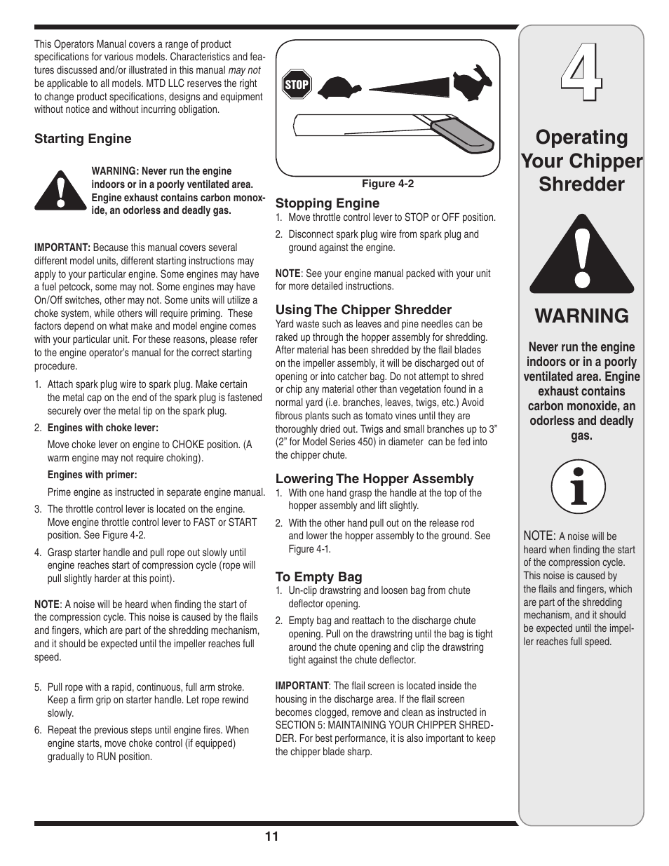 Warning, Operating your chipper shredder | MTD 450 Series User Manual | Page 11 / 36