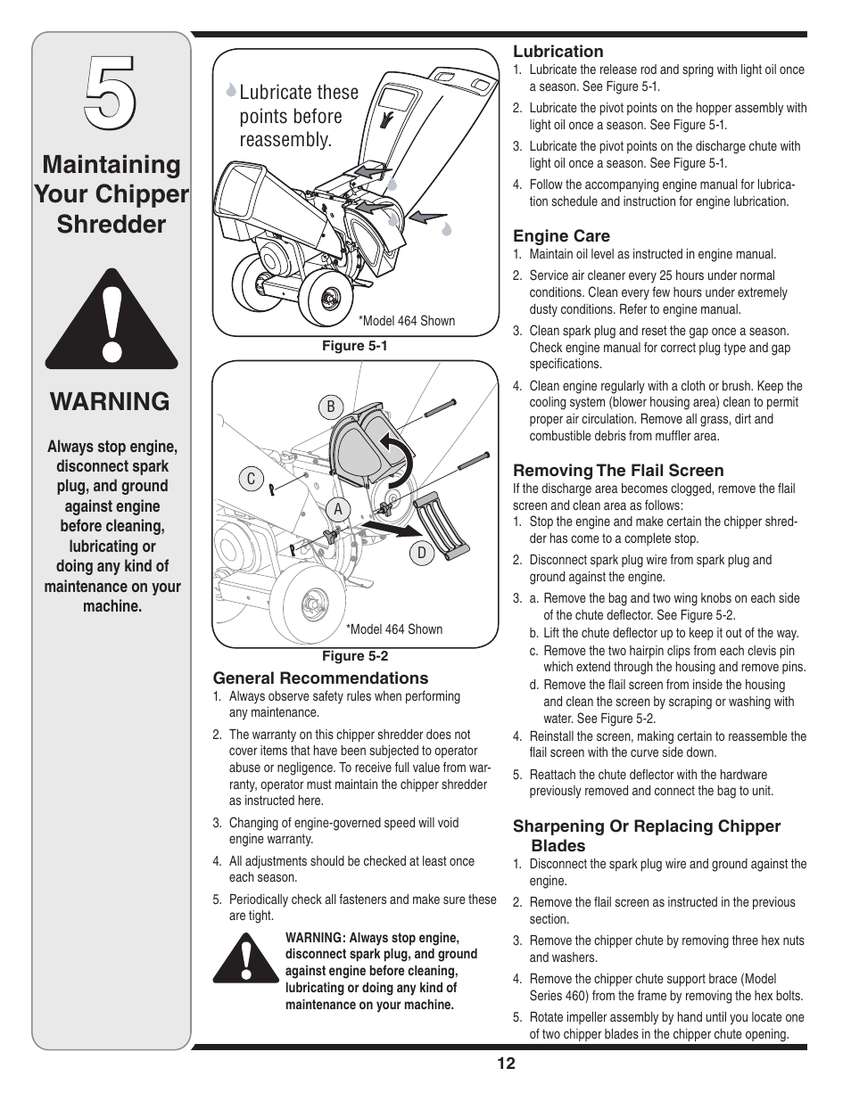 Maintaining your chipper shredder warning | MTD 450 Series User Manual | Page 12 / 36
