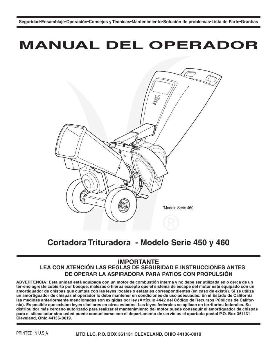 Manual del operador, Importante | MTD 450 Series User Manual | Page 21 / 36