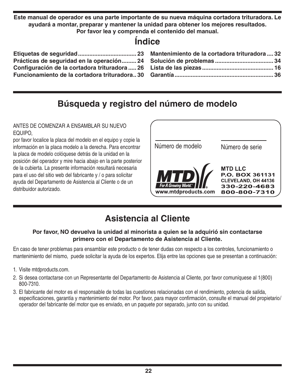 Búsqueda y registro del número de modelo, Índice, Asistencia al cliente | MTD 450 Series User Manual | Page 22 / 36