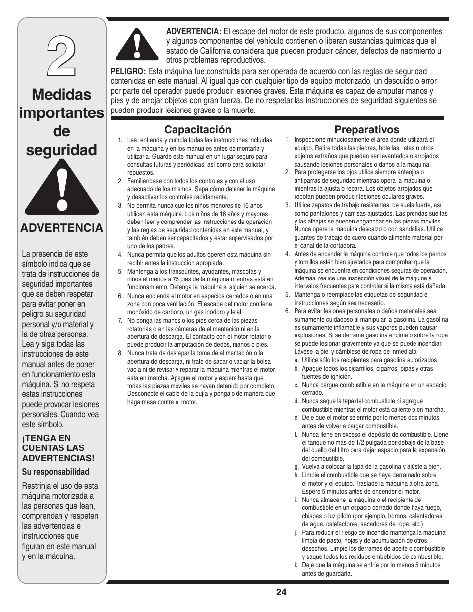 Medidas importantes de seguridad, Advertencia, Capacitación | Preparativos | MTD 450 Series User Manual | Page 24 / 36