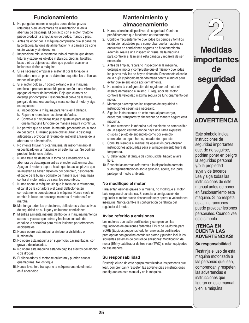 Medidas importantes de seguridad, Advertencia, Funcionamiento | Mantenimiento y almacenamiento | MTD 450 Series User Manual | Page 25 / 36