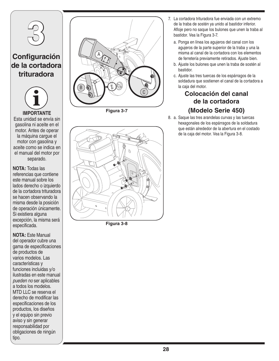 Configuración de la cortadora trituradora | MTD 450 Series User Manual | Page 28 / 36